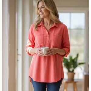 Lands’ End Women’s Linen Blend Tunic Top Coral Orange Size Large 14-16